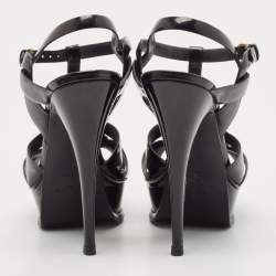 Saint Laurent Black Patent Leather Tribute Platform Ankle Strap Sandals Size 40