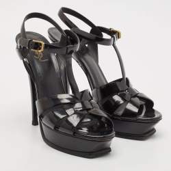 Saint Laurent Black Patent Leather Tribute Platform Ankle Strap Sandals Size 40