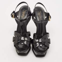 Saint Laurent Black Patent Leather Tribute Platform Ankle Strap Sandals Size 40