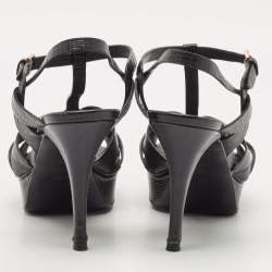 Saint Laurent Black Lizard Embossed Leather Tribute Platform Sandals Size 40.5