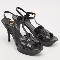 Saint Laurent Black Lizard Embossed Leather Tribute Platform Sandals Size 40.5