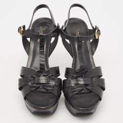 Saint Laurent Black Lizard Embossed Leather Tribute Platform Sandals Size 40.5