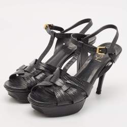 Saint Laurent Black Lizard Embossed Leather Tribute Platform Sandals Size 40.5