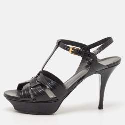 Saint Laurent Black Lizard Embossed Leather Tribute Platform Sandals Size 40.5
