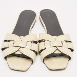 Saint Laurent cream Patent Leather Tribute Flat Slides Size 39.5