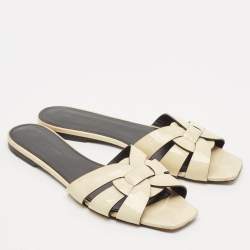 Saint Laurent cream Patent Leather Tribute Flat Slides Size 39.5