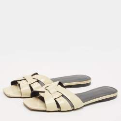 Saint Laurent cream Patent Leather Tribute Flat Slides Size 39.5