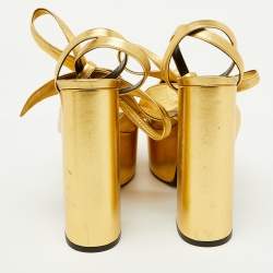 Pre Owned Saint Laurent Gold Leather Bianca Platform Sandals Size 38.5