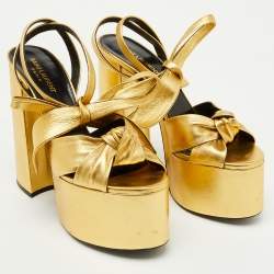 Pre Owned Saint Laurent Gold Leather Bianca Platform Sandals Size 38.5