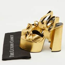 Pre Owned Saint Laurent Gold Leather Bianca Platform Sandals Size 38.5