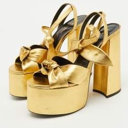 Pre Owned Saint Laurent Gold Leather Bianca Platform Sandals Size 38.5