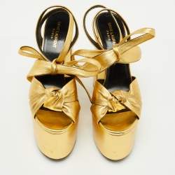 Pre Owned Saint Laurent Gold Leather Bianca Platform Sandals Size 38.5