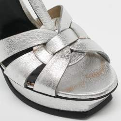 Saint Laurent Silver Leather Tribute Platform Sandals Size 40
