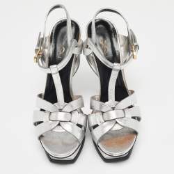 Saint Laurent Silver Leather Tribute Platform Sandals Size 40