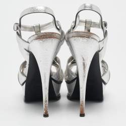 Saint Laurent Silver Leather Tribute Platform Sandals Size 40