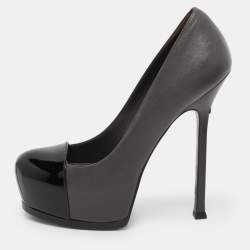 Saint Laurent Paris Grey/Black Leather Tribtoo Platform Pumps Size 38
