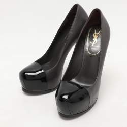 Pre Owned Saint Laurent Paris Grey/Black Leather Tribtoo Platform Pumps Size 38