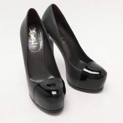 Pre Owned Saint Laurent Paris Grey/Black Leather Tribtoo Platform Pumps Size 38