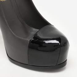 Pre Owned Saint Laurent Paris Grey/Black Leather Tribtoo Platform Pumps Size 38