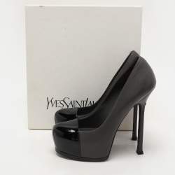 Pre Owned Saint Laurent Paris Grey/Black Leather Tribtoo Platform Pumps Size 38