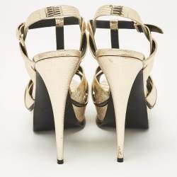 Saint Laurent Gold Lizard Embossed Leather Tribute Ankle Strap Sandals Size 41