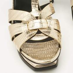 Saint Laurent Gold Lizard Embossed Leather Tribute Ankle Strap Sandals Size 41