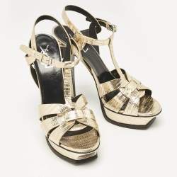 Saint Laurent Gold Lizard Embossed Leather Tribute Ankle Strap Sandals Size 41