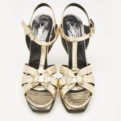 Saint Laurent Gold Lizard Embossed Leather Tribute Ankle Strap Sandals Size 41