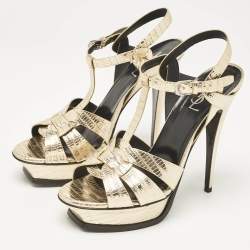 Saint Laurent Gold Lizard Embossed Leather Tribute Ankle Strap Sandals Size 41