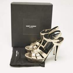 Saint Laurent Gold Lizard Embossed Leather Tribute Ankle Strap Sandals Size 41