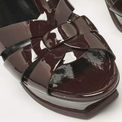 Pre Owned Saint Laurent Burgundy Patent Leather Tribute Ankle Strap Sandals Size 41.5
