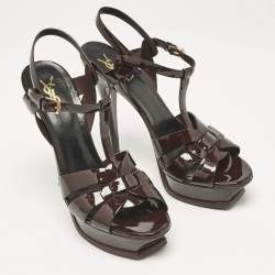 Pre Owned Saint Laurent Burgundy Patent Leather Tribute Ankle Strap Sandals Size 41.5