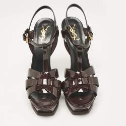 Pre Owned Saint Laurent Burgundy Patent Leather Tribute Ankle Strap Sandals Size 41.5