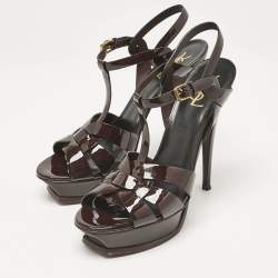 Pre Owned Saint Laurent Burgundy Patent Leather Tribute Ankle Strap Sandals Size 41.5