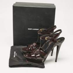 Pre Owned Saint Laurent Burgundy Patent Leather Tribute Ankle Strap Sandals Size 41.5