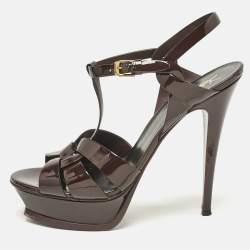 Pre Owned Saint Laurent Burgundy Patent Leather Tribute Ankle Strap Sandals Size 41.5