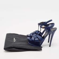 Saint Laurent Blue Leather Tribute Platform Ankle Strap Sandals Size 35.5