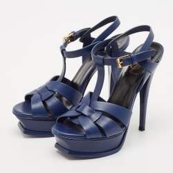 Saint Laurent Blue Leather Tribute Platform Ankle Strap Sandals Size 35.5