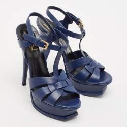 Saint Laurent Blue Leather Tribute Platform Ankle Strap Sandals Size 35.5