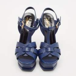 Saint Laurent Blue Leather Tribute Platform Ankle Strap Sandals Size 35.5