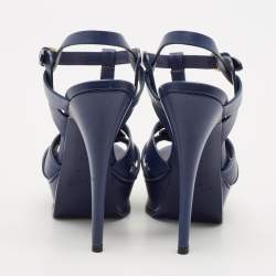 Saint Laurent Blue Leather Tribute Platform Ankle Strap Sandals Size 35.5