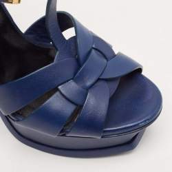Saint Laurent Blue Leather Tribute Platform Ankle Strap Sandals Size 35.5