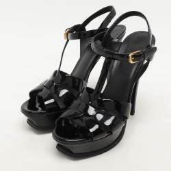 Saint Laurent Paris Black Patent Leather Tribute Platform Sandals Size 38.5