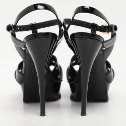 Saint Laurent Paris Black Patent Leather Tribute Platform Sandals Size 38.5