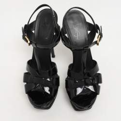 Saint Laurent Paris Black Patent Leather Tribute Platform Sandals Size 38.5