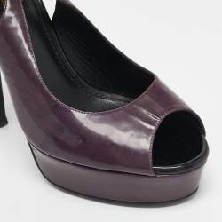 Saint Laurent Purple Patent Leather Peep Toe Platform Slingback Pumps Size 39 