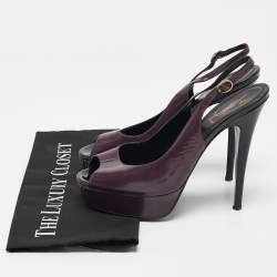 Saint Laurent Purple Patent Leather Peep Toe Platform Slingback Pumps Size 39 