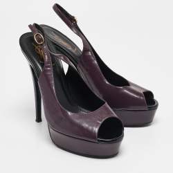 Saint Laurent Purple Patent Leather Peep Toe Platform Slingback Pumps Size 39 