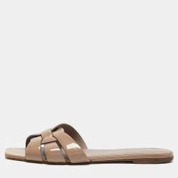 Pre Owned Saint Laurent Beige Patent Leather Tribute Flats Size 39.5