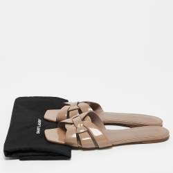 Pre Owned Saint Laurent Beige Patent Leather Tribute Flats Size 39.5